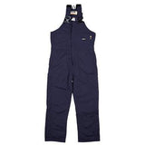 Introducing the Berne FR Deluxe Navy Blue Bib Overalls (FRB05ND) by Berne, featuring adjustable shoulder straps and multiple front pockets. These flame-resistant overalls come with a zip fastening, offering excellent protection and durability for various work environments while meeting top fire-retardant clothing standards.