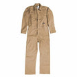 The Berne 7 oz FR Unlined Deluxe Khaki Coverall FRC04KH is a full-length flame-resistant garment with long sleeves and several pockets. When laid flat, it highlights its zippered front and practical utility design. As NFPA 2112 compliant FR clothing from the Berne brand, it is perfect for industrial or outdoor work, offering safety without sacrificing functionality.