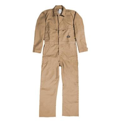 A Berne 7 oz FR Unlined Deluxe Khaki Coverall (FRC04KH) with long sleeves and multiple pockets, NFPA 2112 compliant, displayed flat on a white background.