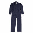 The Berne 7 oz FR Unlined Deluxe Navy Coverall FRC04NV is a flame-resistant coverall in navy blue, featuring long sleeves, full-length legs, a front zipper, and several pockets. The design complies with ASTM standards and is shown against a plain white background.