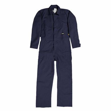 The Berne 7 oz FR Unlined Deluxe Navy Coverall FRC04NV is a flame-resistant coverall in navy blue, featuring long sleeves, full-length legs, a front zipper, and several pockets. The design complies with ASTM standards and is shown against a plain white background.