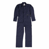 The Berne 7 oz FR Unlined Deluxe Navy Coverall FRC04NV is displayed on a white background. These coveralls feature long sleeves, full-length pants, multiple pockets, and a zippered front. Designed for flame resistance, they comply with ASTM standards.