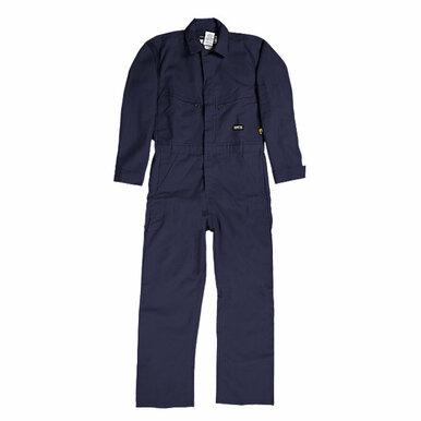 The Berne 7 oz FR Unlined Deluxe Navy Coverall FRC04NV is a full-length coverall in dark blue, featuring long sleeves and a button-up front. It includes multiple chest and side pockets, along with a small logo on the left chest pocket. The ASTM-compliant fabric appears durable and ideal for workwear.