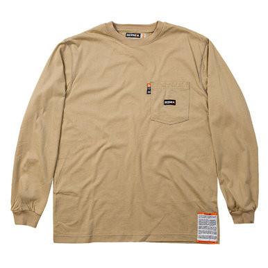 The Berne 7 oz FR Khaki Crew Neck Long Sleeve T-Shirt FRK11KH showcases a front pocket along with a small black logo tag nearby. Crafted entirely from cotton, this long-sleeve tee includes a sewn-in label with text at the bottom seam, offering both comfort and style in every wear.