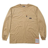 The Berne 7 oz FR Khaki Crew Neck Long Sleeve T-Shirt (FRK11KH) combines style and safety with its flame-resistant design. It features long sleeves and a small chest pocket on the left side, adorned with a black and white label that has orange accents. An additional label near the hem provides important safety instructions, made from 100% cotton for comfort and protection.