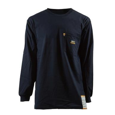 The Berne 7 oz FR Navy Crew Neck Long Sleeve T-Shirt FRK11NV is a flame-resistant, long-sleeve shirt in navy with a small chest pocket featuring a label. Crafted from 100% cotton, it also includes a tag at the bottom hem for added detail.