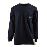 Introducing the Berne 7 oz FR Navy Crew Neck Long Sleeve T-Shirt FRK11NV: This flame-resistant long-sleeve shirt combines safety with style, featuring a small chest pocket adorned with a tiny logo. Crafted from 100% cotton, it includes ribbed cuffs and a subtle tag at the bottom hem for added detail.