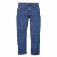 A pair of Berne 14 oz FR Dark Stone Wash 5-Pocket Jeans FRP07SWD, featuring a relaxed straight-leg cut with five pockets and a button fly, laid flat against a white background.