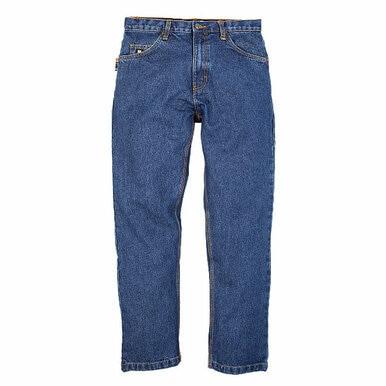 A pair of Berne 14 oz FR Dark Stone Wash 5-Pocket Jeans FRP07SWD, featuring a relaxed straight-leg cut with five pockets and a button fly, laid flat against a white background.