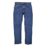 Relaxed fit dark stone wash denim jeans from Berne, designed with a classic straight-leg cut and featuring five pockets, belt loops, and a button closure. The 14 oz fabric gives the Berne FRP07SWD jeans an effortless style as they are laid out flat and isolated on a white background.