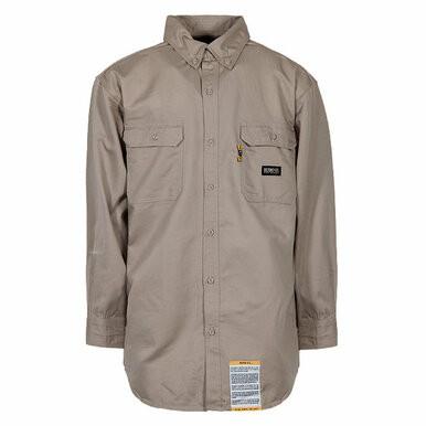 A Berne 7 oz FR Khaki Button Down Work Shirt (FRSH10KH) made from flame-resistant SEFtech fabric in beige. This durable, long-sleeve shirt includes two chest pockets and a collar, with a small black and yellow logo tag on the left pocket and a reflective label near the hem.