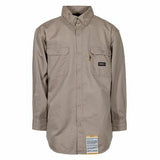 A Berne 7 oz FR Khaki Button Down Work Shirt (FRSH10KH) made from flame-resistant SEFtech fabric in beige. This durable, long-sleeve shirt includes two chest pockets and a collar, with a small black and yellow logo tag on the left pocket and a reflective label near the hem.