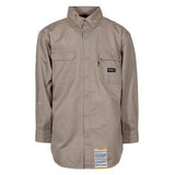 The Berne 7 oz FR Khaki Button Down Work Shirt FRSH10KH is a long-sleeved work shirt made with SEFtech Fabric. It features buttoned cuffs, two front pockets, a small Berne logo on the left pocket, and a label near the hem that highlights its flame-resistant properties.