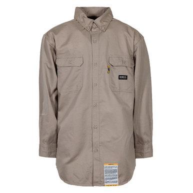 The Berne 7 oz FR Khaki Button Down Work Shirt FRSH10KH is a long-sleeved work shirt made with SEFtech Fabric. It features buttoned cuffs, two front pockets, a small Berne logo on the left pocket, and a label near the hem that highlights its flame-resistant properties.