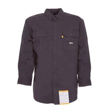 The Berne 7 oz FR Navy Button Down Work Shirt FRSH10NV, by Berne, is a long-sleeved, dark navy blue button-up shirt featuring two chest pockets. Crafted with SEFtech Fabric, it ensures dependable electric arc protection. A small label decorates the pocket, while a larger one is placed near the bottom hem.