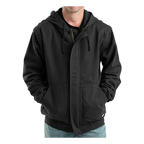 A person is wearing the Berne FR Zippered Front NFPA 2112 Hooded Sweatshirt (FRSZ19) in black, with their hands in the front pockets. The sweatshirt is zipped up. They are also wearing light blue jeans against a white background.