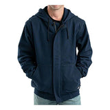 A person is wearing the Berne FR Zippered Front NFPA 2112 Hooded Sweatshirt FRSZ19 in dark blue, with their hands in the pockets. The flame-resistant jacket, which complies with NFPA 2112 standards, is zipped up and features drawstrings. It is paired with light-colored pants against a plain white background.