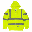 The Berne Hi-Vis Yellow Lined Hooded Sweatshirt HVF021YW is a bright yellow zip-up workwear jacket featuring gray reflective stripes across the chest, back, and arms. This jacket, designed for maximum safety, is ANSI/ISEA 107-2010 certified.