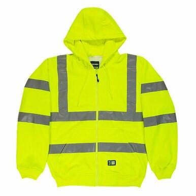 The Berne Hi-Vis Yellow Lined Hooded Sweatshirt HVF021YW is a bright yellow zip-up workwear jacket featuring gray reflective stripes across the chest, back, and arms. This jacket, designed for maximum safety, is ANSI/ISEA 107-2010 certified.