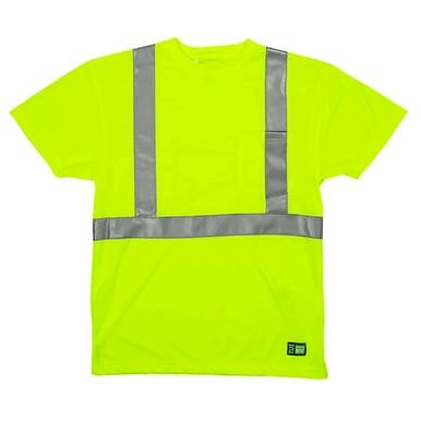 The Berne 4 oz Yellow Hi-Vis Pocket T-Shirt HVK012 is a vivid yellow high-visibility shirt made with moisture-wicking fabric and adorned with reflective silver tape that runs vertically over the shoulders and horizontally across the waist. It also features a small chest pocket on the left side.