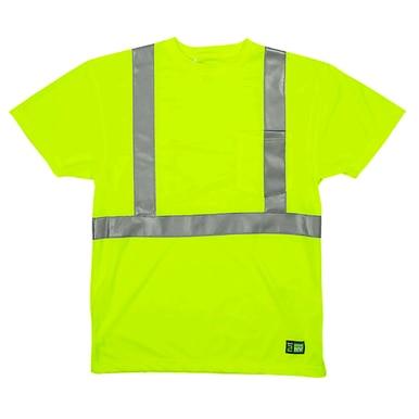 The Berne 4 oz Yellow Hi-Vis Pocket T-Shirt HVK012 is a bright yellow high-visibility T-shirt featuring reflective silver stripes across the chest and sleeves, a pocket on the left side, and a small logo near the hem.