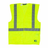 The Berne 4 oz Hi-Vis Yellow Easy Off Vest HVV045 is a sleeveless vest featuring a bright yellow color with gray reflective tape placed both vertically and horizontally, designed to meet ANSI/ISEA 107-2010 standards for maximum safety.