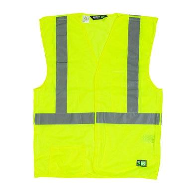 The Berne 4 oz Hi-Vis Yellow Easy Off Vest HVV045 is a bright yellow vest featuring gray reflective tape that runs vertically on the front and is intersected by a horizontal stripe around the midsection. This sleeveless vest, designed for maximum safety and visibility, meets ANSI/ISEA 107-2010 certification standards.