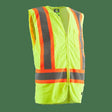 The Berne 6 oz Hi-Vis Multi Color Vest HVV046, from the Berne brand, is showcased against a plain backdrop. This ANSI/ISEA 107-2010 Class 2 Certified vest in bright yellow includes orange and reflective gray stripes, along with additional reflective tape. It features a front zipper and multiple pockets for added convenience.