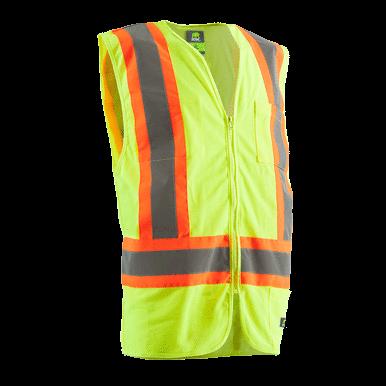 The Berne 6 oz Hi-Vis Multi Color Vest HVV046, perfect for construction or roadside work, meets ANSI/ISEA 107-2010 Class 2 Certification standards and features a bright yellow fabric with orange and reflective silver stripes. This vest is designed with a convenient front zip closure and reflective tape to maximize safety and visibility.