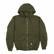 The Berne 14 oz Alpine Green Thermal Lined Hooded Sweatshirt SZ101AG is displayed against a white background. It features a front pocket, drawstring hood, and includes a small black and white patch near the hem for an added workwear style.