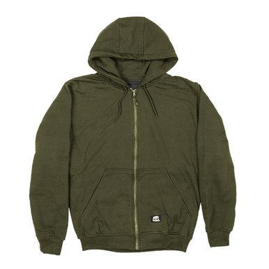 The Berne 14 oz Alpine Green Thermal Lined Hooded Sweatshirt SZ101AG is ideal for workwear, featuring a zip-up design with a drawstring hood and front pockets, along with a small black and white logo patch on the bottom left.