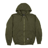 The Berne 14 oz Alpine Green Thermal Lined Hooded Sweatshirt SZ101AG showcases a zip-up design with two front pockets and a small black label on the lower front. The sweatshirt is displayed flat against a plain background, highlighting its workwear charm.