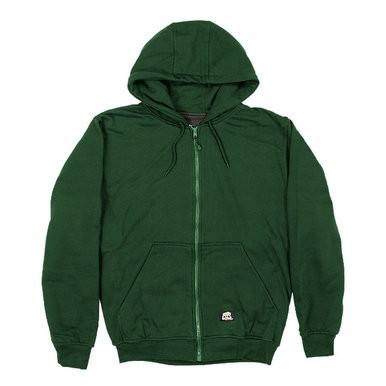 The Berne 14 oz Green Thermal Lined Hooded Sweatshirt SZ101GN features a front zipper, two pockets, and includes a small logo near the hem, making it a versatile piece of workwear.