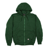 The Berne 14 oz Green Thermal Lined Hooded Sweatshirt SZ101GN combines workwear comfort and style, featuring a plain dark green design, zip-up front, and convenient pockets.