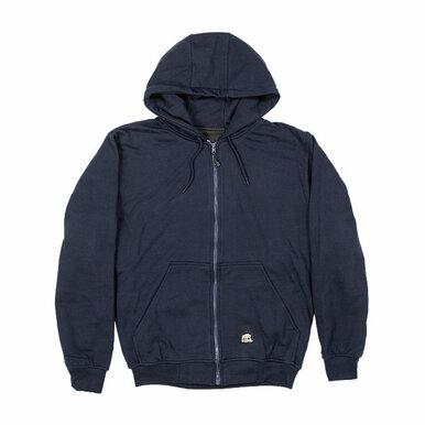 Introducing the Berne 14 oz Navy Thermal Lined Hooded Sweatshirt, SZ101NV. Ideal for workwear, this navy sweatshirt comes with a hood and front pockets. It features a discreet logo on the lower left side of the front and is showcased against a plain white background in its laid-flat form.