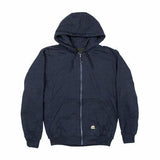 Introducing the Berne 14 oz Navy Thermal Lined Hooded Sweatshirt, SZ101NV. Ideal for workwear, this navy sweatshirt comes with a hood and front pockets. It features a discreet logo on the lower left side of the front and is showcased against a plain white background in its laid-flat form.