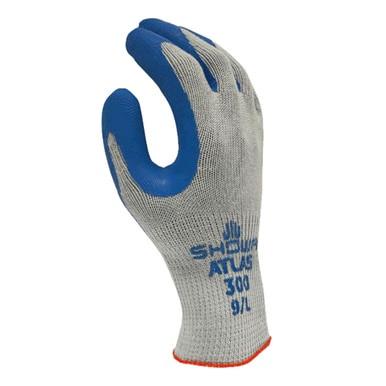 The SHOWA ATLAS 300 General Purpose Gloves (12 pairs) by Showa Best feature a textured grip on the palm and fingers for Tactical Grip Performance. The gloves are gray and blue with text printed on the back, and they have an orange cuff to indicate size 9/L. Their upright display showcases an ergonomic design for optimal use.