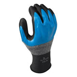 The SHOWA 376 General Purpose Liquids Gloves by Showa Best feature a seamless knit liner and a blue and black design. They include a textured gray wrist cuff with branding and are enhanced with a foam nitrile palm coating for superior grip and protection.