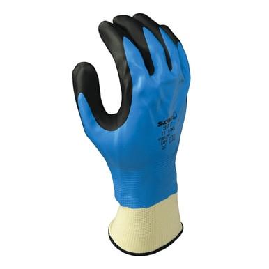 The SHOWA 377 General Purpose Gloves by Showa Best are displayed upright, showcasing their blue and black design with a white cuff. The back of the glove features text and symbols that indicate the brand and specifications. Designed for general-purpose use, the gloves have palms and fingers coated in black to provide grip, protection, and an ultra-tactile experience.