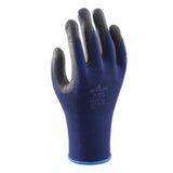 A pair of SHOWA 380 General Purpose Gloves by Showa Best is displayed upright, featuring a blue and black design with nitrile foam grip on the fingers and palm. These gloves are equipped with an oil-resistant coating, and have a visible logo and lettering on the back.