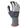 A SHOWA 381 General Purpose Glove from Showa Best stands upright, showcasing its ergonomic shape. It features a gray and black design with a gripped texture on the palm and fingers. The wrist area is accented with a red trim sporting a striped pattern. This microporous nitrile glove is crafted for protection, abrasion resistance, and dexterity.