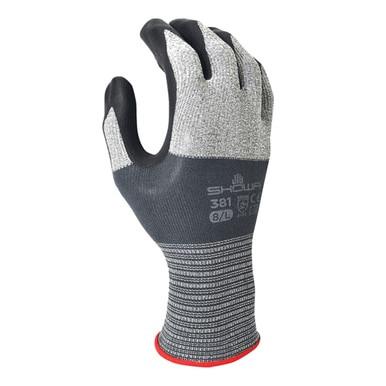 A SHOWA 381 General Purpose Glove from Showa Best stands upright, showcasing its ergonomic shape. It features a gray and black design with a gripped texture on the palm and fingers. The wrist area is accented with a red trim sporting a striped pattern. This microporous nitrile glove is crafted for protection, abrasion resistance, and dexterity.