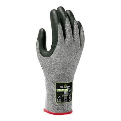 A single SHOWA 386 cut-resistant glove by Showa Best is gray and features a black grip with microporous nitrile coating on the fingers and palm. It includes a green and black label indicating specifications and size, while a red cuff adds a pop of color. The durable DURACoil liner provides lasting protection.