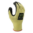 A pair of yellow gloves from the SHOWA 4561 Cut Resistant Gloves set, featuring black rubber-coated fingertips and palm with Zorb-IT oil grip technology for improved traction. The gloves bear a label displaying the brand "Showa Best" and product number "4561-08." They are designed ergonomically and shown upright with the palm facing forward.