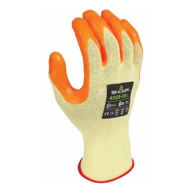 The SHOWA 4568 Cut Resistant Gloves by Showa Best feature a yellow fabric base with a striking orange rubber coating on the fingers and palm. They are designed with a black label showcasing the brand logo on the back of the hand, providing ANSI cut level 4 protection for superior safety.