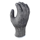 The SHOWA ATLAS 541 Cut Resistant Gloves, sold in sets of 12 pairs by Showa Best, are presented against a white background. These gray, textured gloves offer a close-fitting design and are made from durable knitted material featuring an HPPE liner and polyurethane coating, making them perfect for industrial or construction applications.