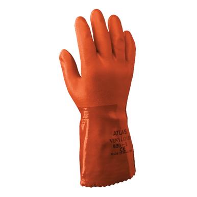 A single SHOWA ATLAS 620 Chemical Glove from Showa Best, crafted in orange rubber for protective use, stands upright displaying its front side. Offering liquid-proof protection and chemical resistance, this PVC glove features text and symbols on the wrist area to indicate its specifications.