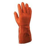 A SHOWA ATLAS 620 Chemical Glove from Showa Best is displayed upright, highlighting its chemical-resistant features with reinforced fingertips and a textured grip for liquid-proof protection. The glove's surface clearly shows text and branding.