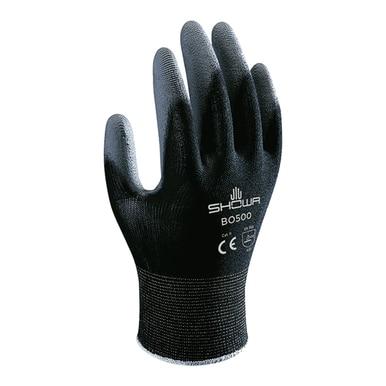 The SHOWA BO500B General Purpose Gloves, available in packs of 12 pairs, boast a black design with textured grips and have the "Showa Best" logo printed on the back. Ideal for precision applications, these versatile gloves are designed for protective use and come with CE certification markings and a durable polyurethane coating.