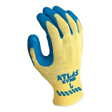 The SHOWA ATLAS KV300 Cut Resistant Gloves, featuring a durable nitrile palm finish and fingers, provide reliable Kevlar protection for your tasks. These yellow and blue gloves are marked with "Atlas KV300" on the back. Available in packs of 12 pairs, the gloves are manufactured by Showa Best.